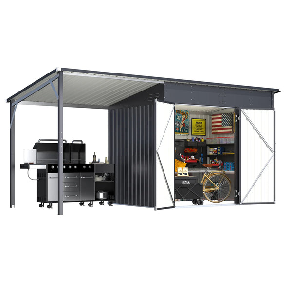 AECOJOY 6'x14' Outdoor Open-Sided Storage Shed with Attached Hardtop Metal Pergola