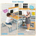 2-in-1 Mud Kitchen & Kids Picnic Table Built-in Bench, Fir Wood Outdoor Play Kitchen Playset with Blackboard, Sink & Cooking Accessories for Ages 3+