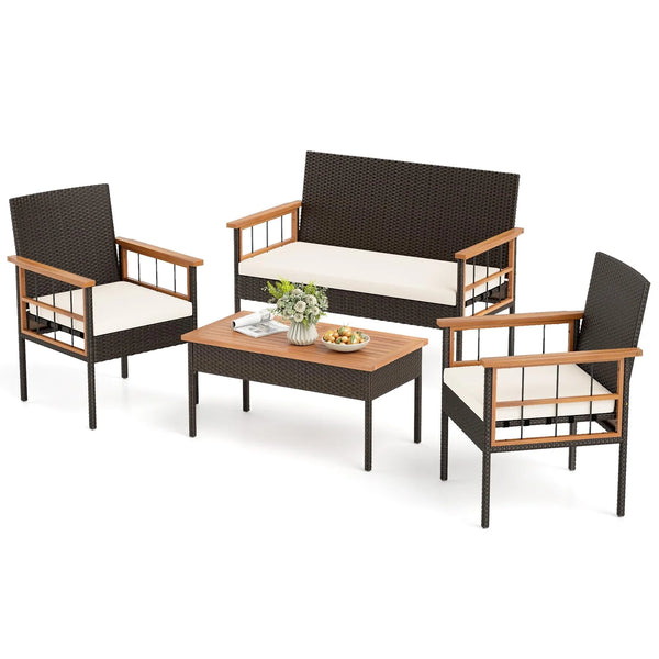 Tangkula 4 Pieces Wicker Patio Conversation Furniture Set