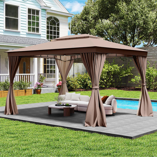 Tangkula 10x13 FT Metal Patio Gazebo with Mesh Netting & Privacy Curtains