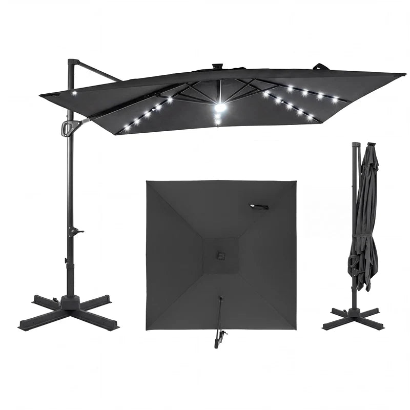 10 FT Cantilever Patio Umbrella with 32 Solar LED Lights, 360° Rotation & Easy Tilt, Square Outdoor Offset Hanging Umbrella with Cross Base