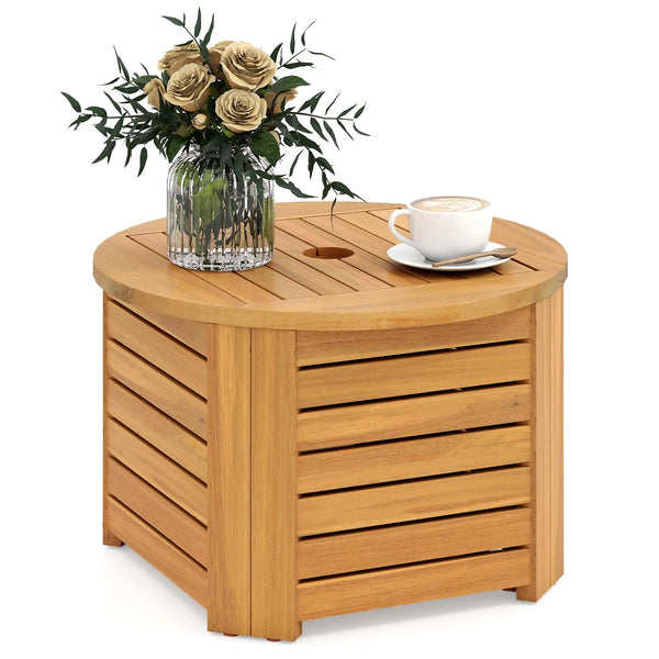 Tangkula 2-in-1 Outdoor Side Table with Storage Acacia Wood Slatted Coffee Table Square and Round Slatted End Storage Box
